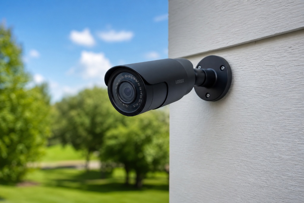 HD security camera mounted on house exterior wall