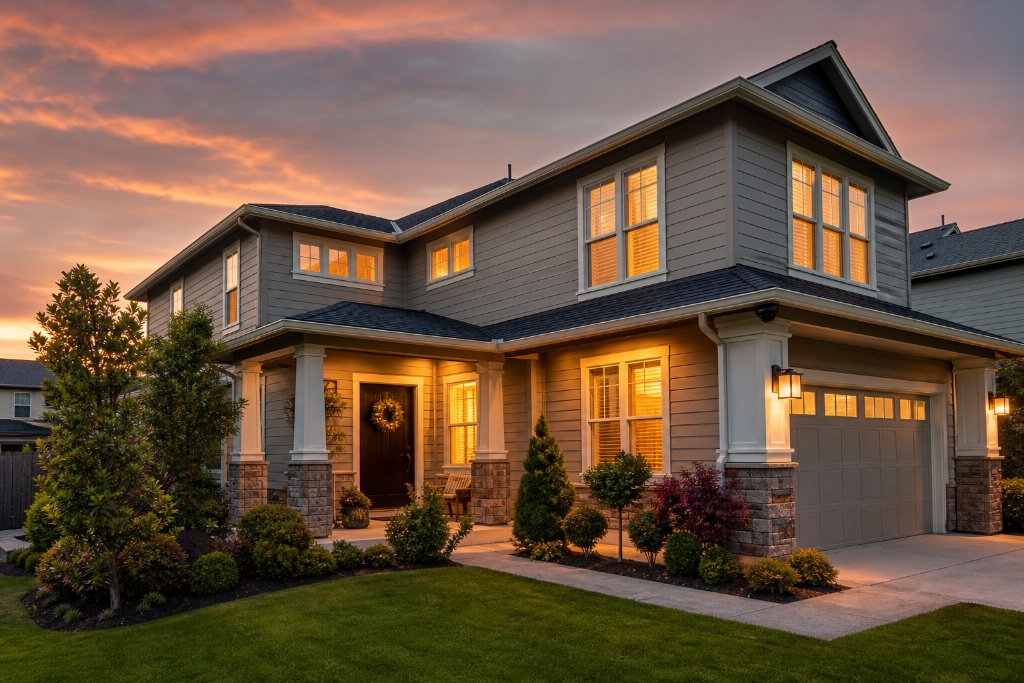 Suburban home protected by Hayes Technology security cameras at dusk