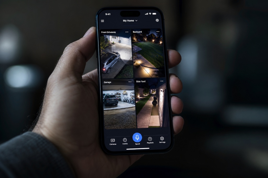 Smartphone showing live security camera app feed