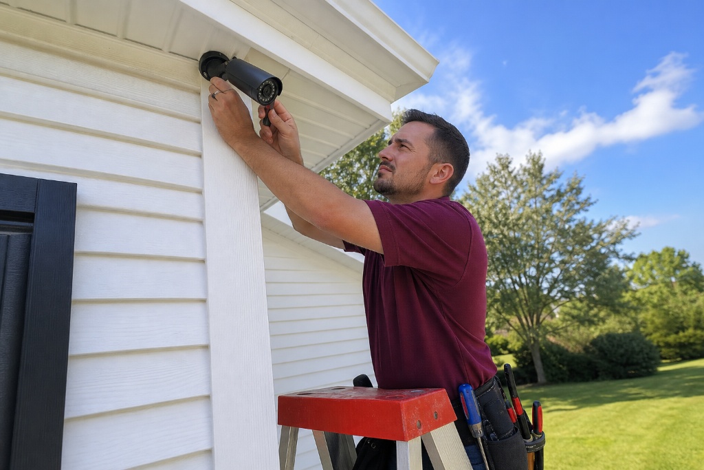Hayes Technology technician installing security camera on house